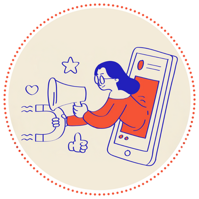 A drawn person is sharing their event with a megaphone, magnet and mobile phone