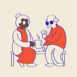 A graphic of two people sitting together on a bench. They're enjoying a cuppa, a scone and a chat.