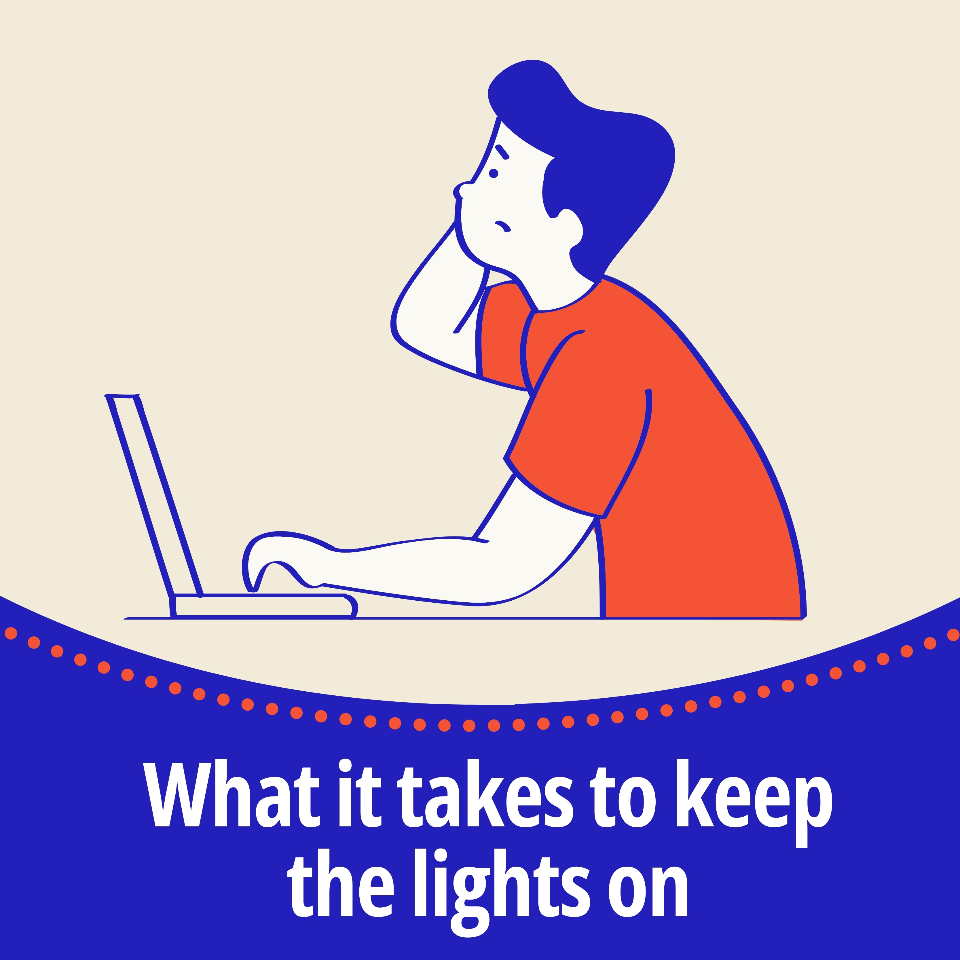 What it takes to keep the lights on. A graphic of a young person using a laptop to chat with Lifeline's Crisis Support