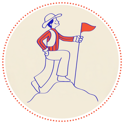 A drawn person is planting a flag on a hill